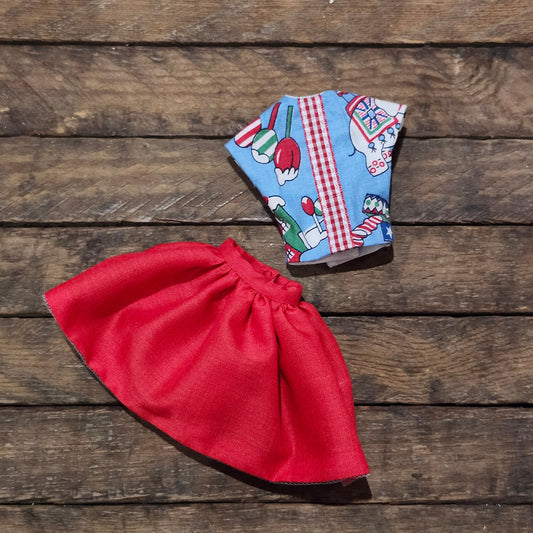 Red Skirt and Blue Blouse Christmas Outfit for 9" girl fashion dolls
