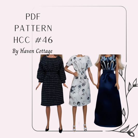 HCC #46 PDF Pattern for 11 1/2" female fashion doll, simple dress with inset waist