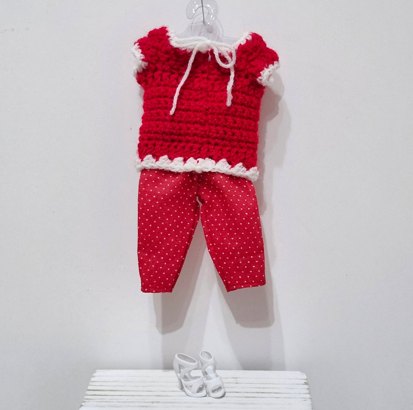 Hand Crocheted Heart Sweater and Polka Dot Shorts for 11 1/2" female fashion dolls