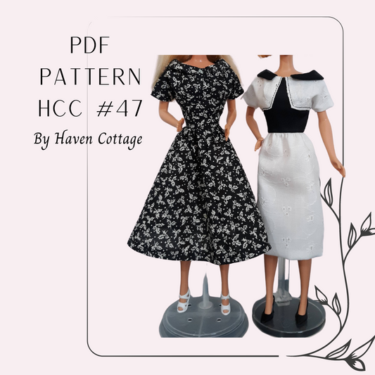 HCC #47 PDF Pattern for 11 1/2" female fashion doll, v front midriff dress with slim or full skirt