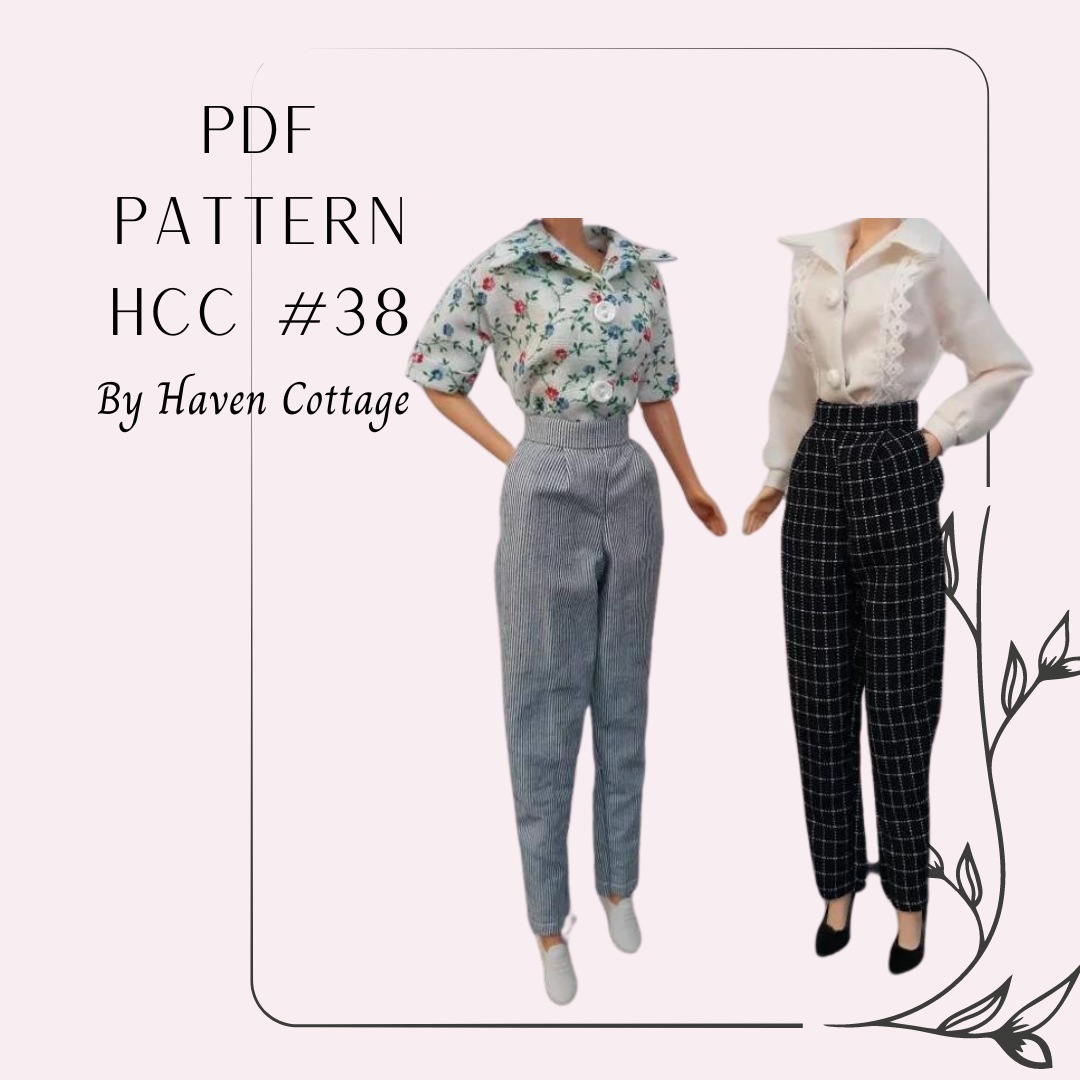 HCC #38 PDF Pattern for 11 1/2" female fashion doll, blouse and trousers with side seam pockets