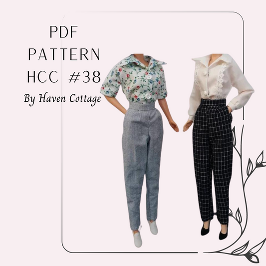 HCC #38 PDF Pattern for 11 1/2" female fashion doll, blouse and trousers with side seam pockets
