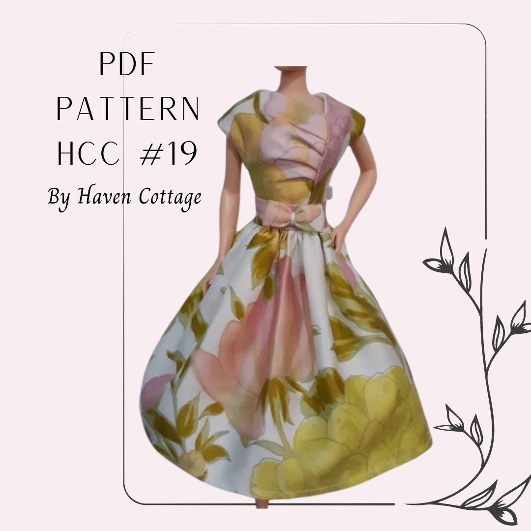 HCC #19 PDF Pattern for 1:6 female fashion doll, pleated asymmetrical bodice dress with full gathered skirt