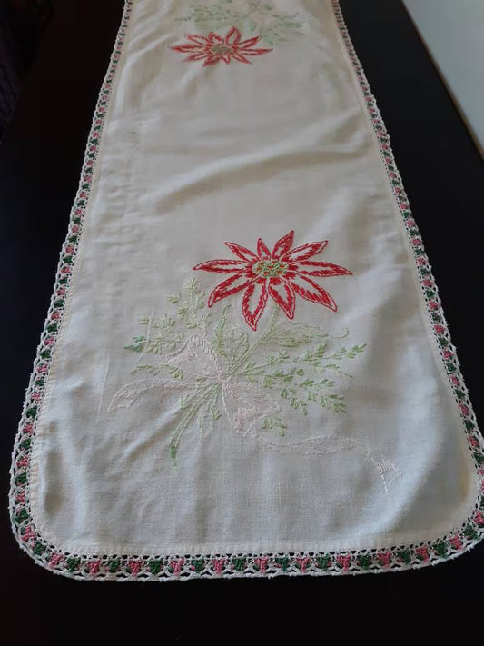 Vintage Embroidered Red Flower Table Runner/Dresser Scarf