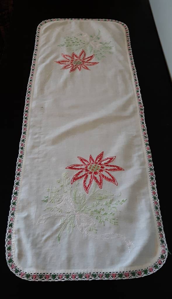 Vintage Embroidered Red Flower Table Runner/Dresser Scarf