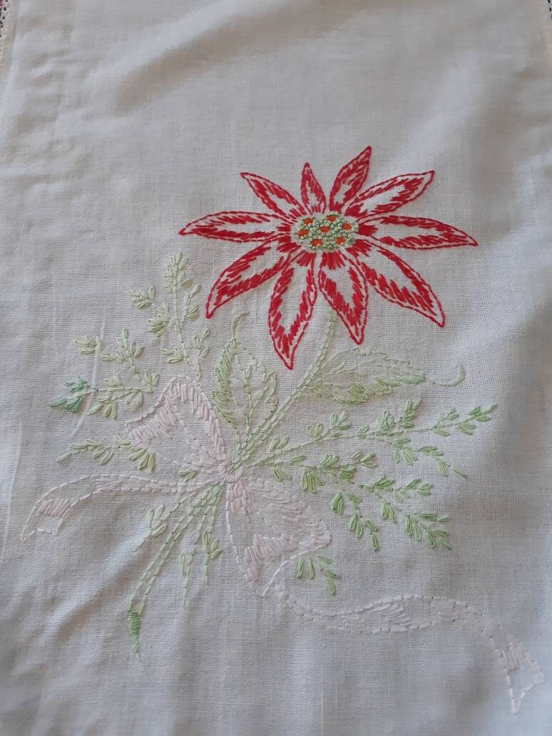 Vintage Embroidered Red Flower Table Runner/Dresser Scarf