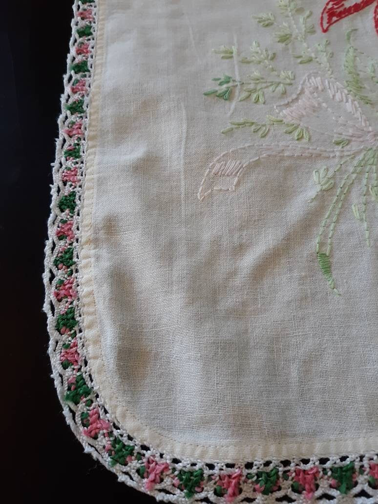 Vintage Embroidered Red Flower Table Runner/Dresser Scarf