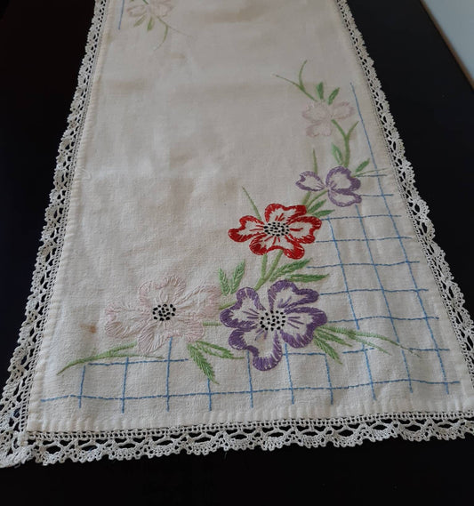 Vintage Embroidered Floral Table Runner/Dresser Scarf