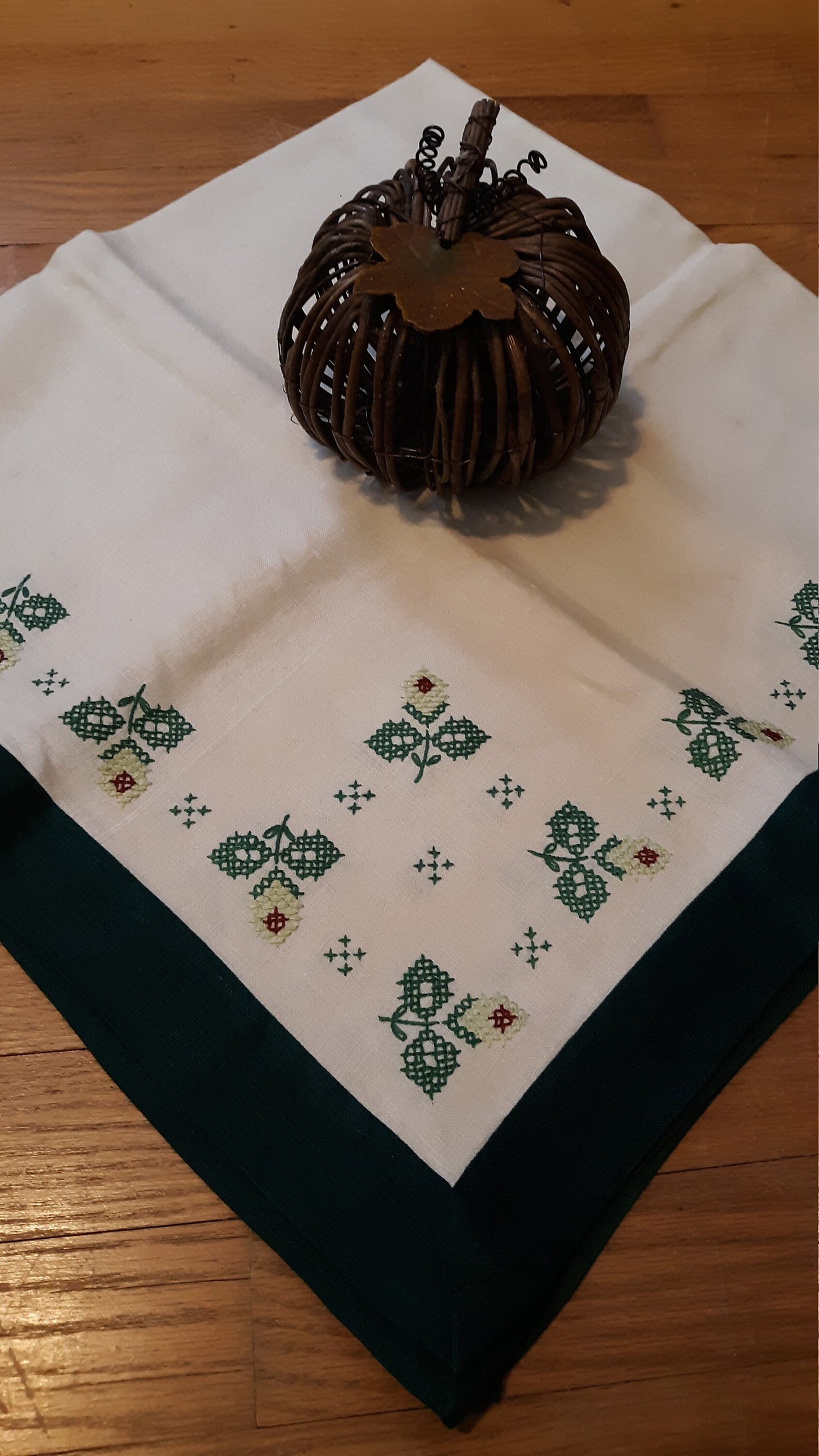 Cross Stitched Floral Green and Cream Tablecloth