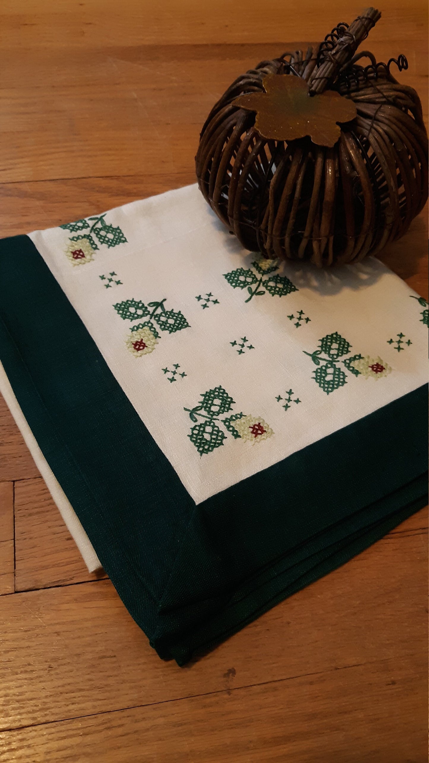 Cross Stitched Floral Green and Cream Tablecloth