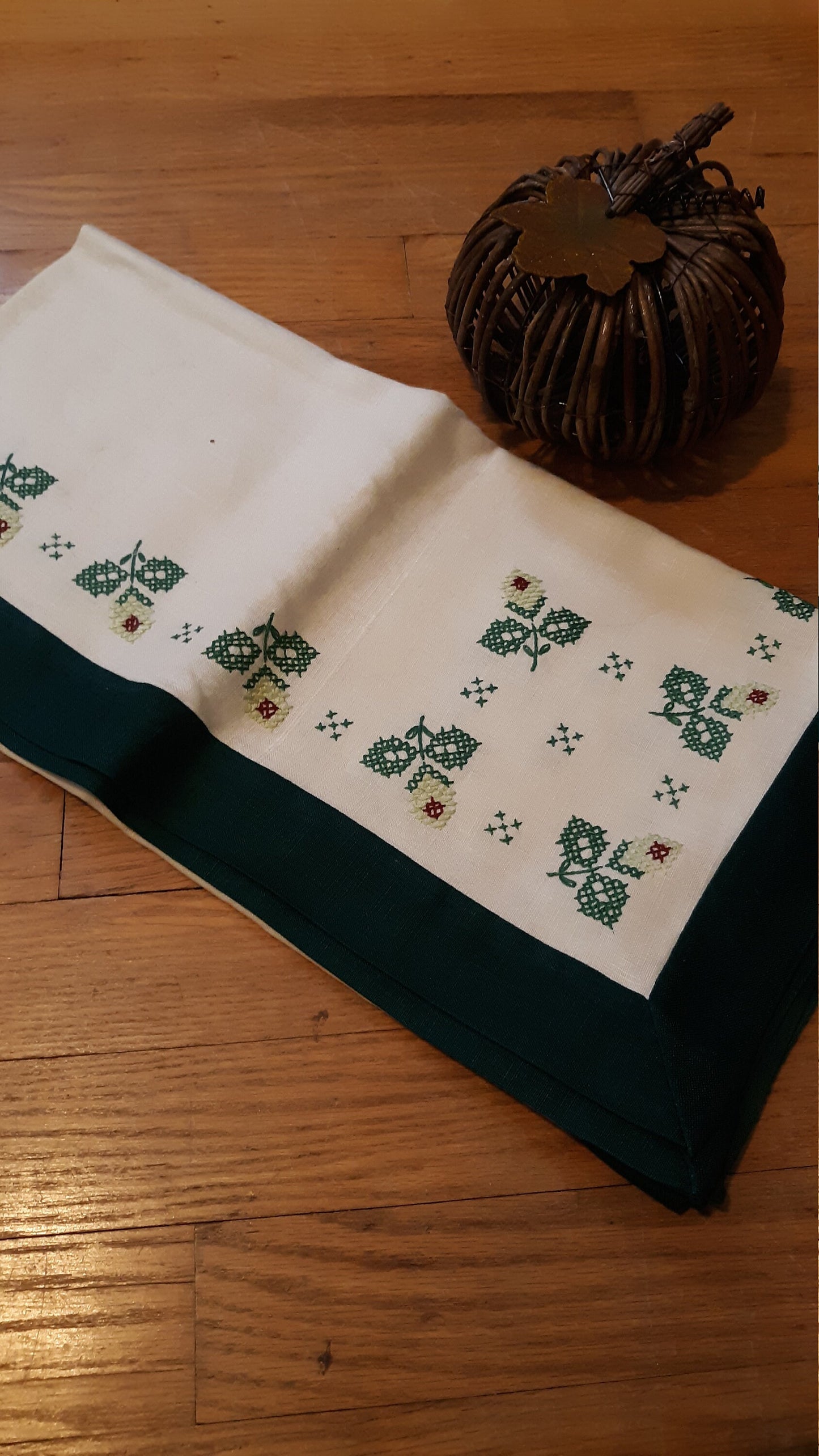 Cross Stitched Floral Green and Cream Tablecloth