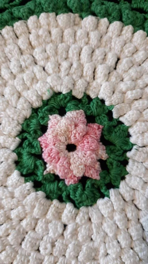 Vintage Round (8") Green and White Doily with Pink Flower Center