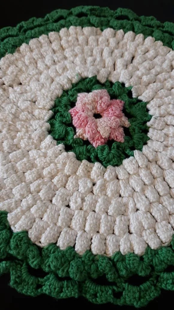 Vintage Round (8") Green and White Doily with Pink Flower Center