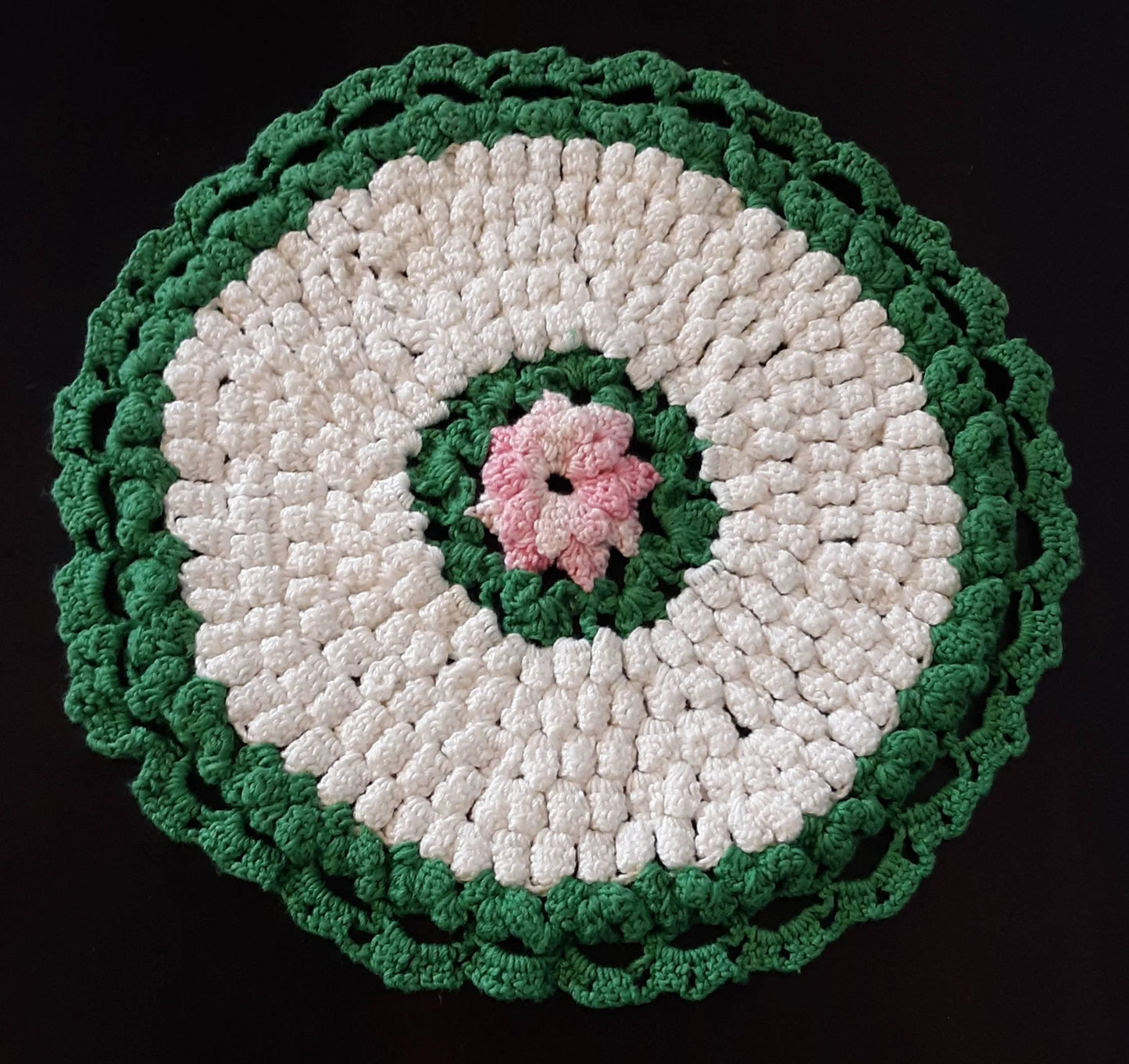 Vintage Round (8") Green and White Doily with Pink Flower Center