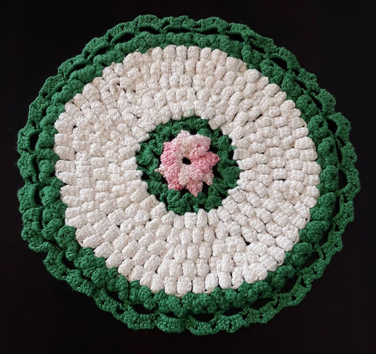 Vintage Round (8") Green and White Doily with Pink Flower Center