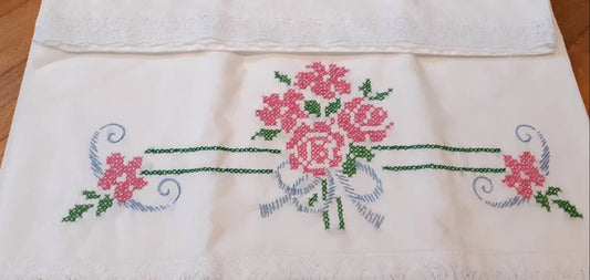 Pink Roses Bouquet Embroidered Pillowcases with Lace Trim
