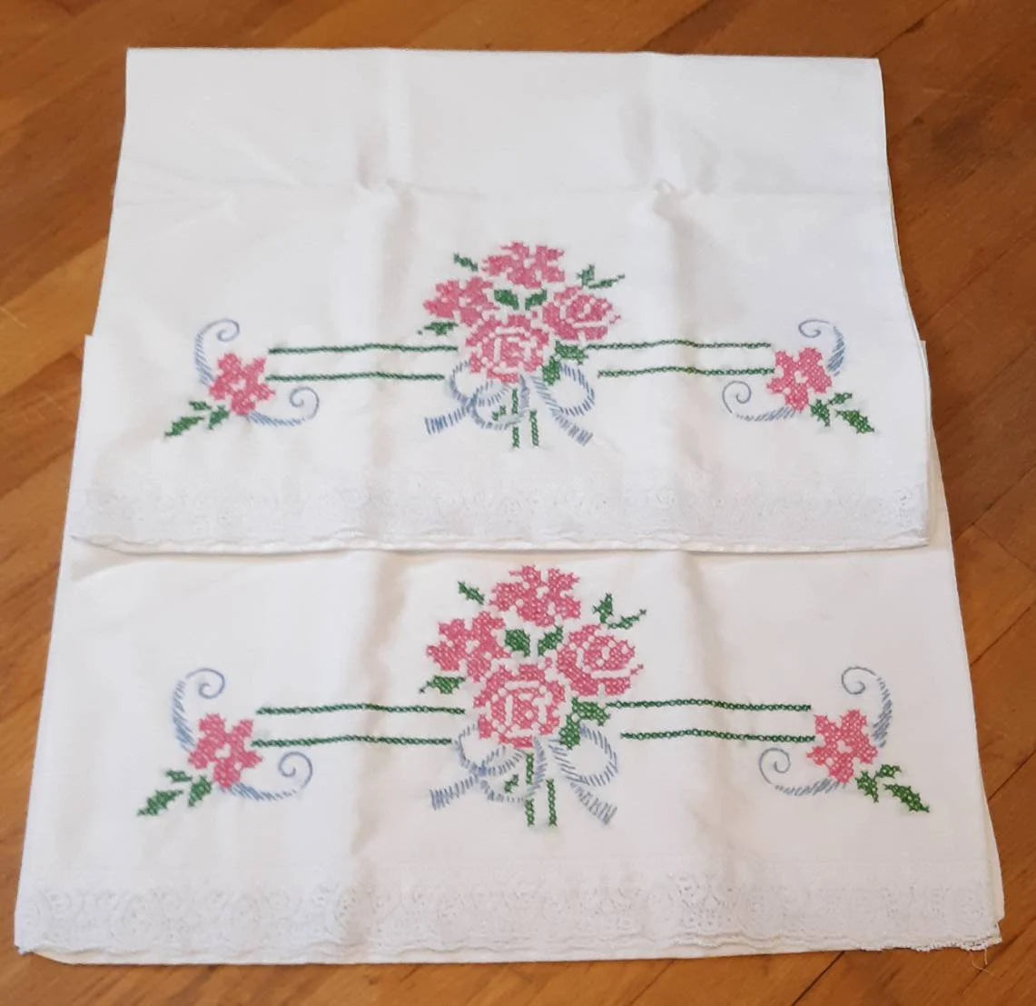 Pink Roses Bouquet Embroidered Pillowcases with Lace Trim