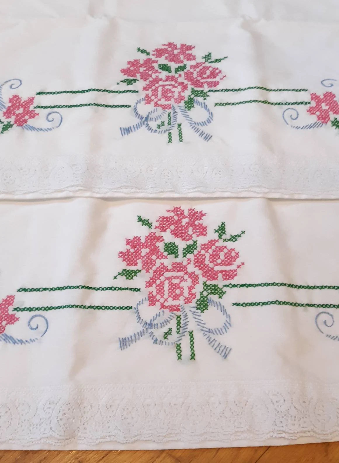 Pink Roses Bouquet Embroidered Pillowcases with Lace Trim