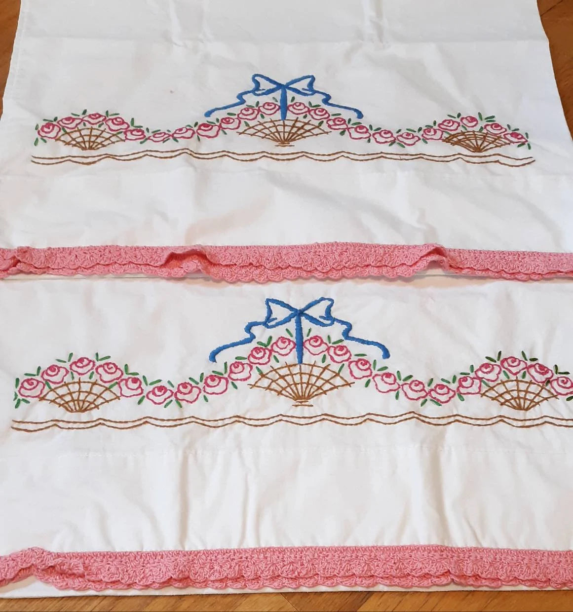 Flower Basket Embroidered Pillowcases with Hand Crocheted Trim