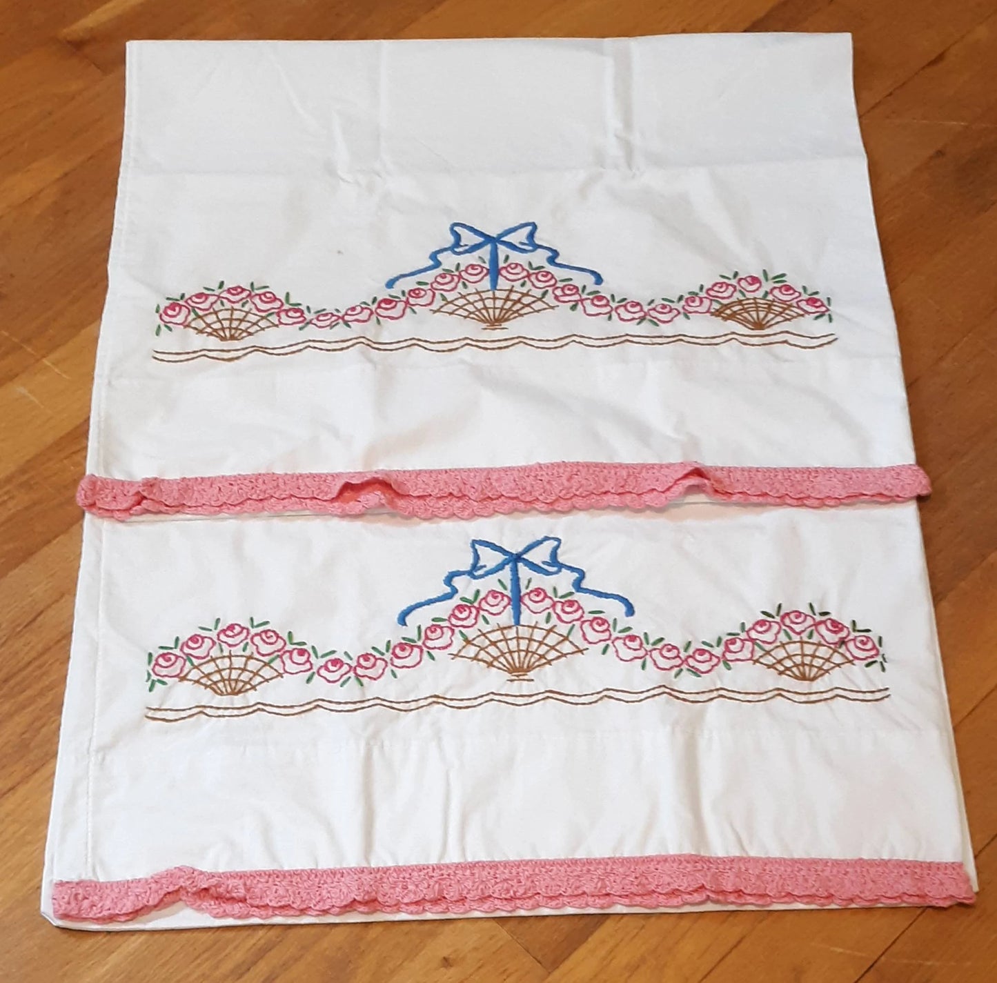 Flower Basket Embroidered Pillowcases with Hand Crocheted Trim