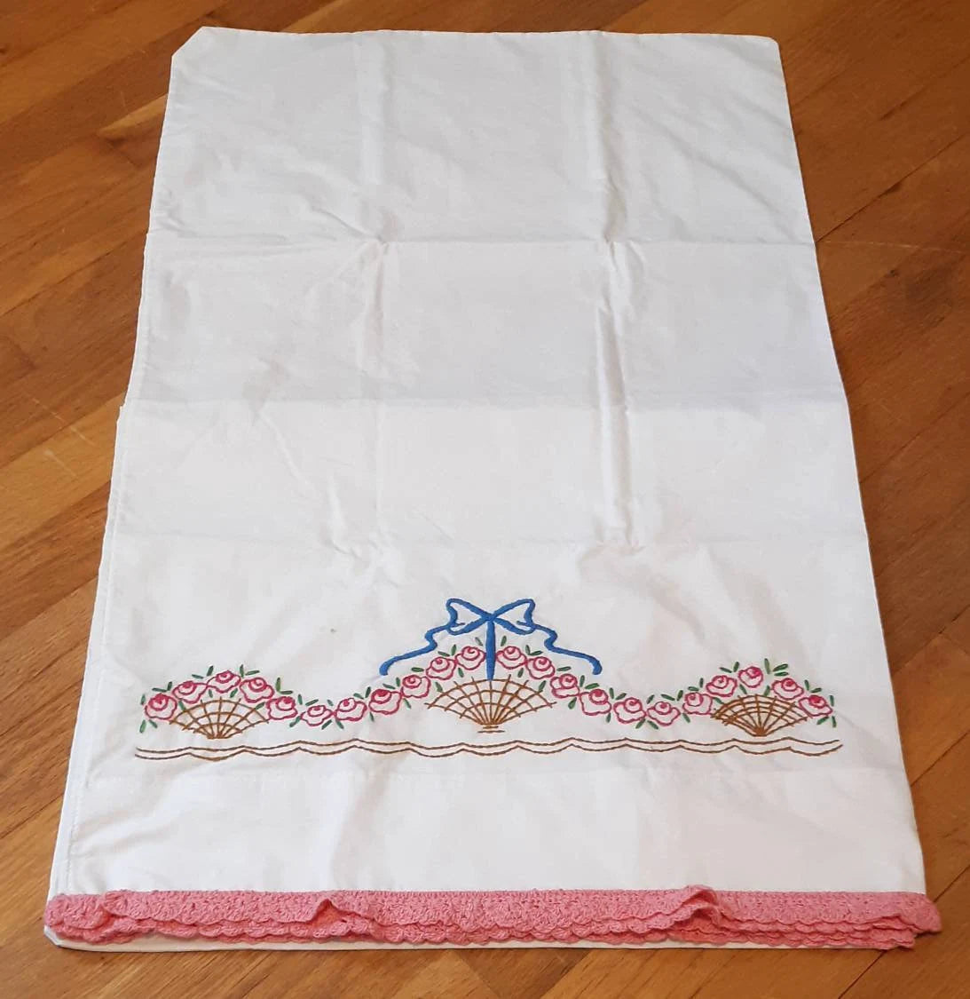 Flower Basket Embroidered Pillowcases with Hand Crocheted Trim