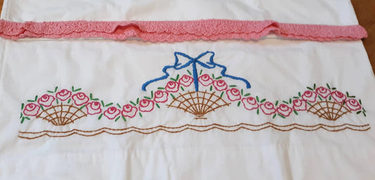 Flower Basket Embroidered Pillowcases with Hand Crocheted Trim