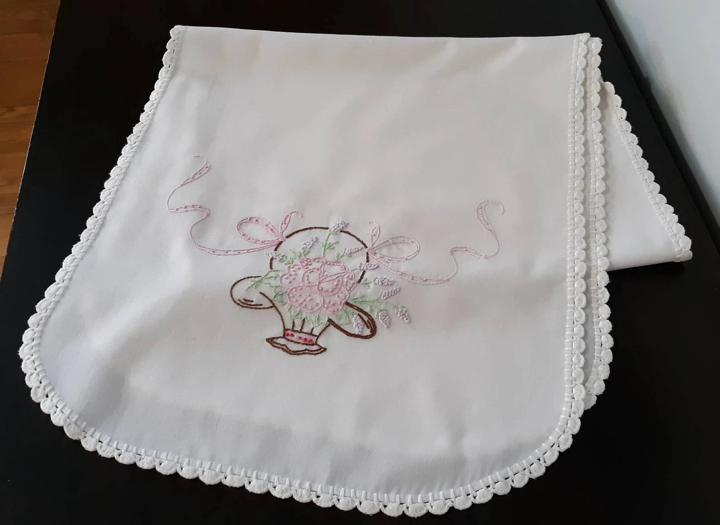 Flower basket Design Hand Stitched Table runner/ Dresser scarf