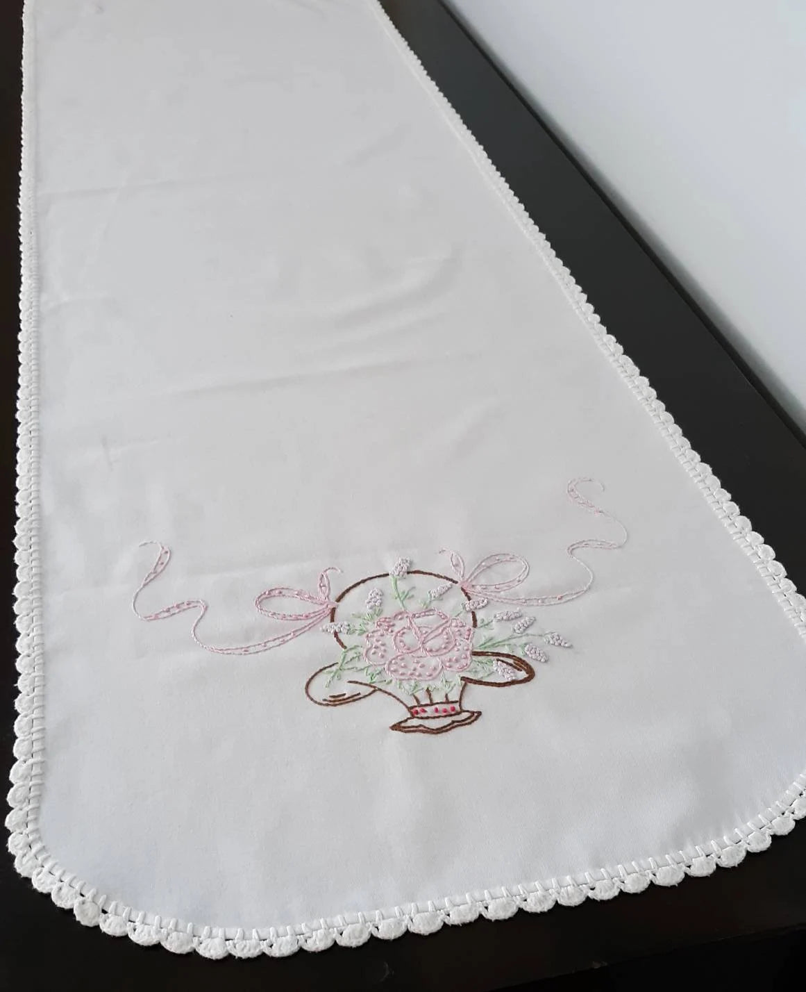 Flower basket Design Hand Stitched Table runner/ Dresser scarf