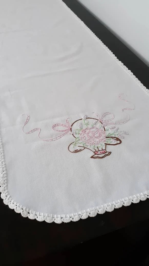 Flower basket Design Hand Stitched Table runner/ Dresser scarf