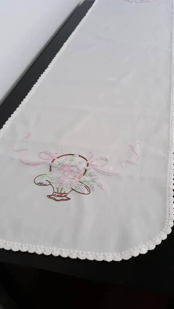 Flower basket Design Hand Stitched Table runner/ Dresser scarf