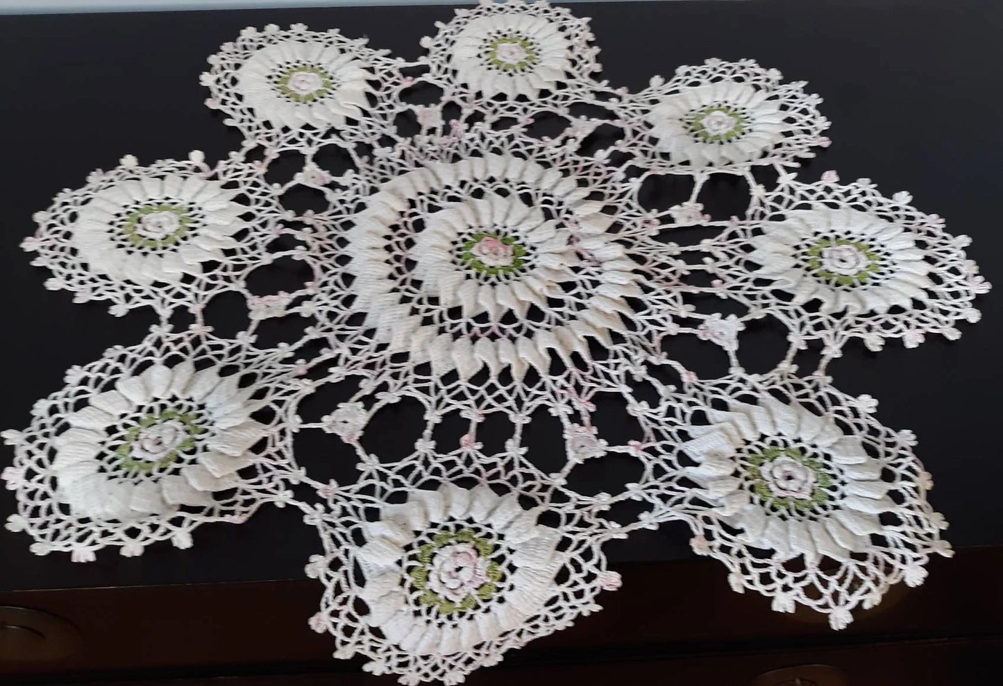 Vintage Round (25 ") White with Light Pink Flowers Doily