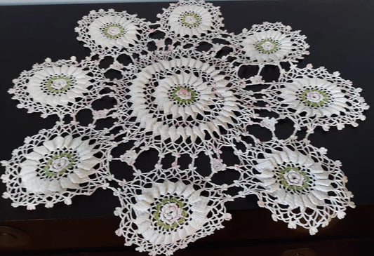 Vintage Round (25 ") White with Light Pink Flowers Doily
