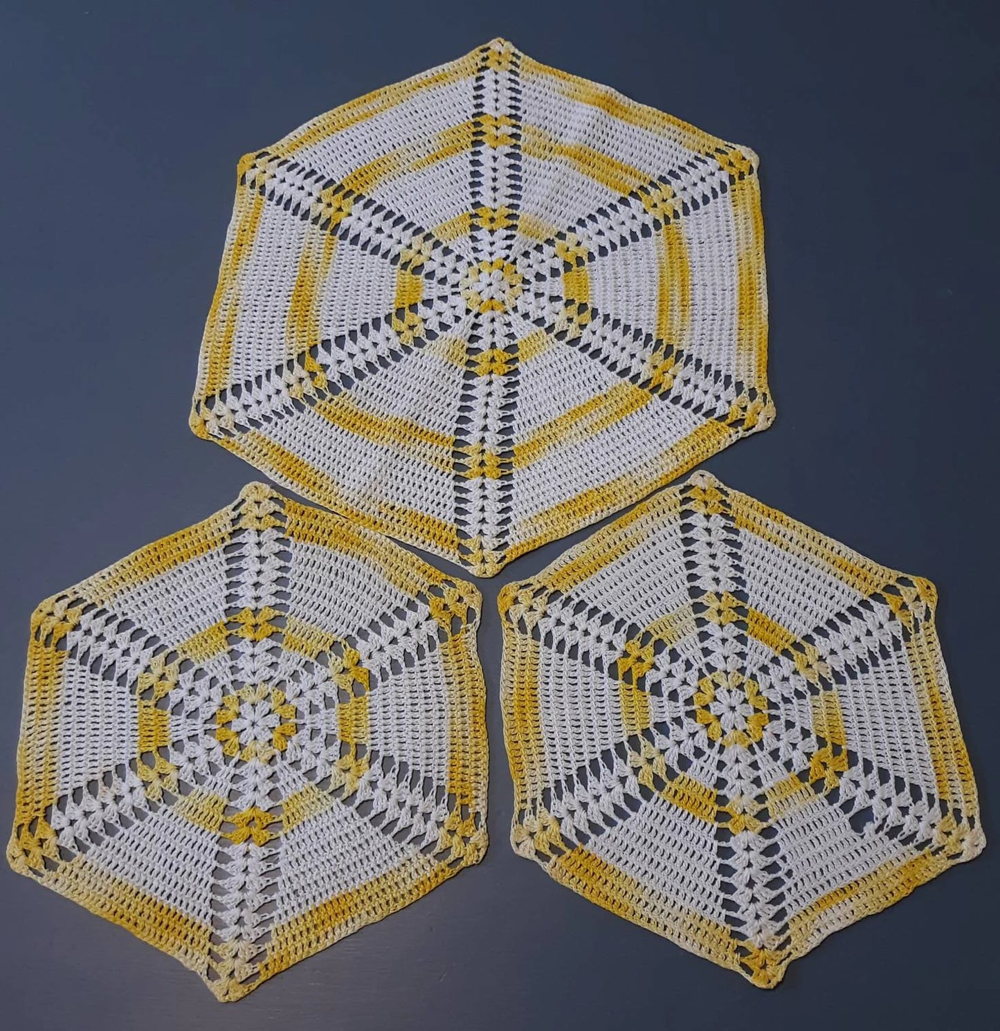 Set of 3 Vintage Round (9", 13") Yellow and White Doilies