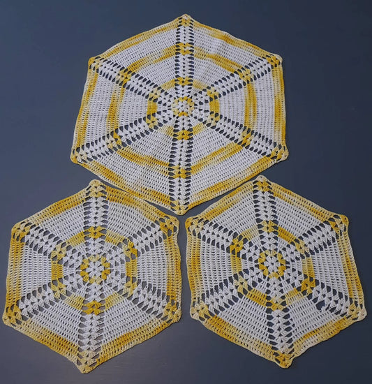 Set of 3 Vintage Round (9", 13") Yellow and White Doilies