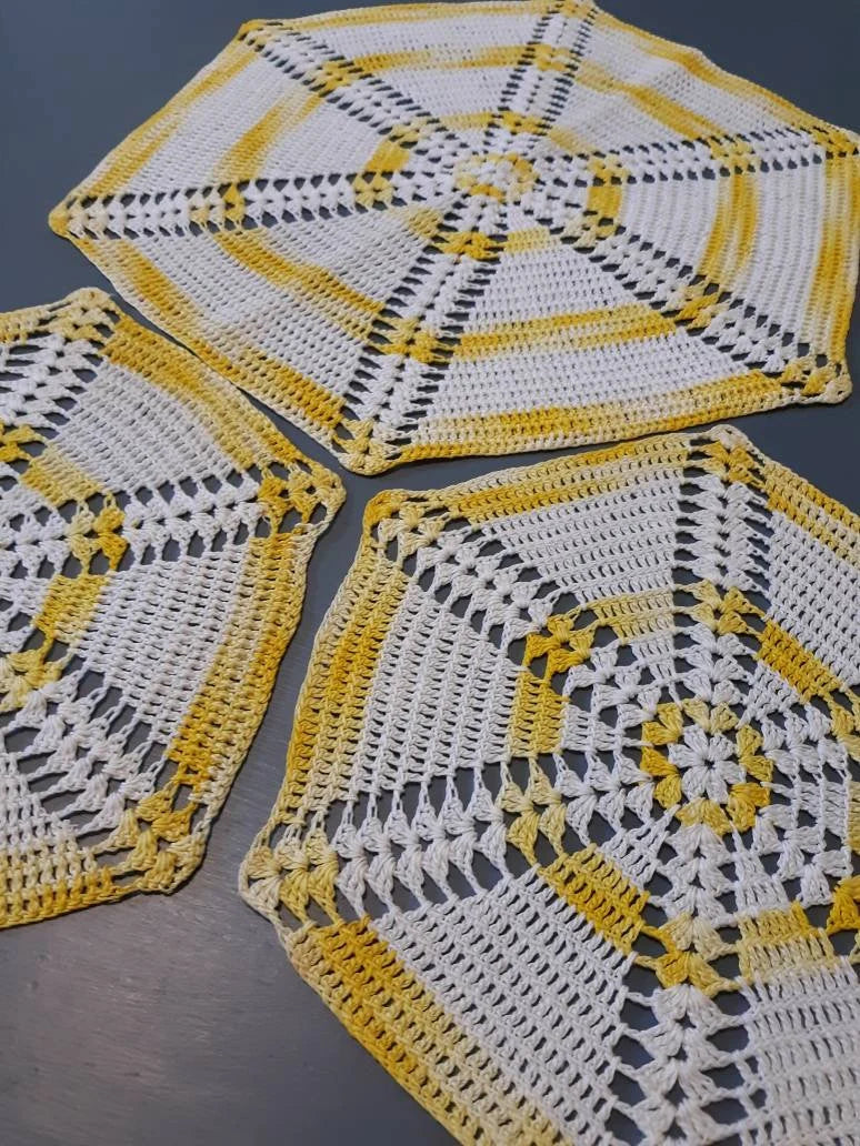 Set of 3 Vintage Round (9", 13") Yellow and White Doilies