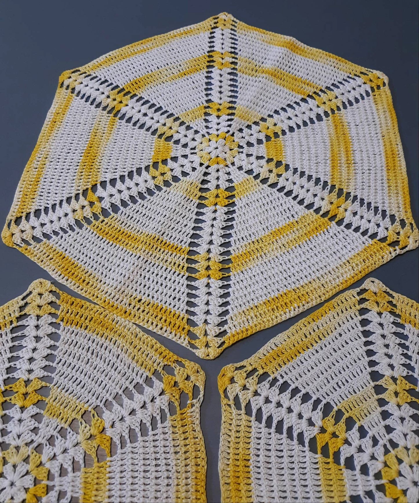 Set of 3 Vintage Round (9", 13") Yellow and White Doilies
