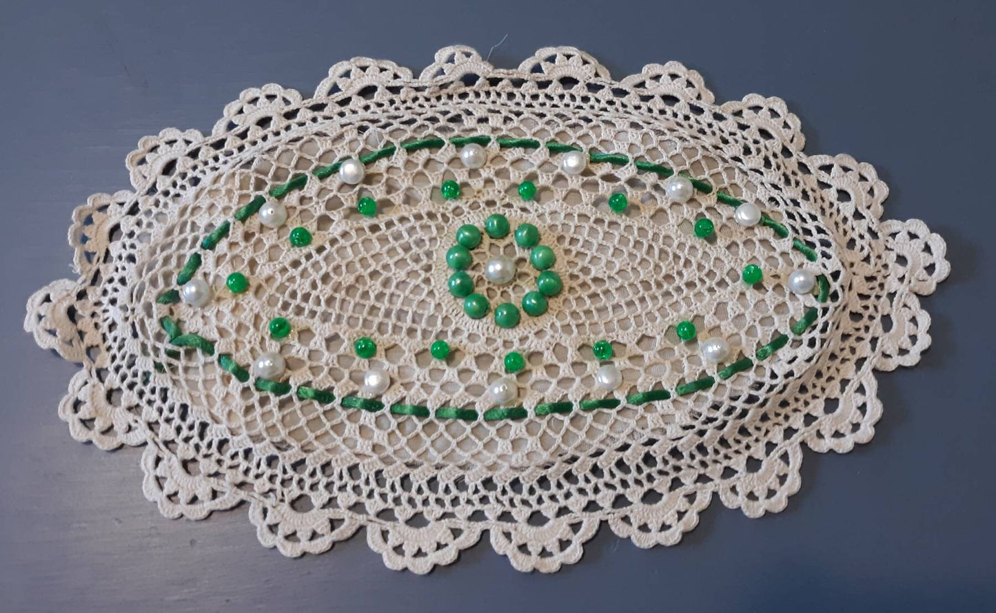 Set of 2 Vintage Oval (11" x 7") Beaded Doilies