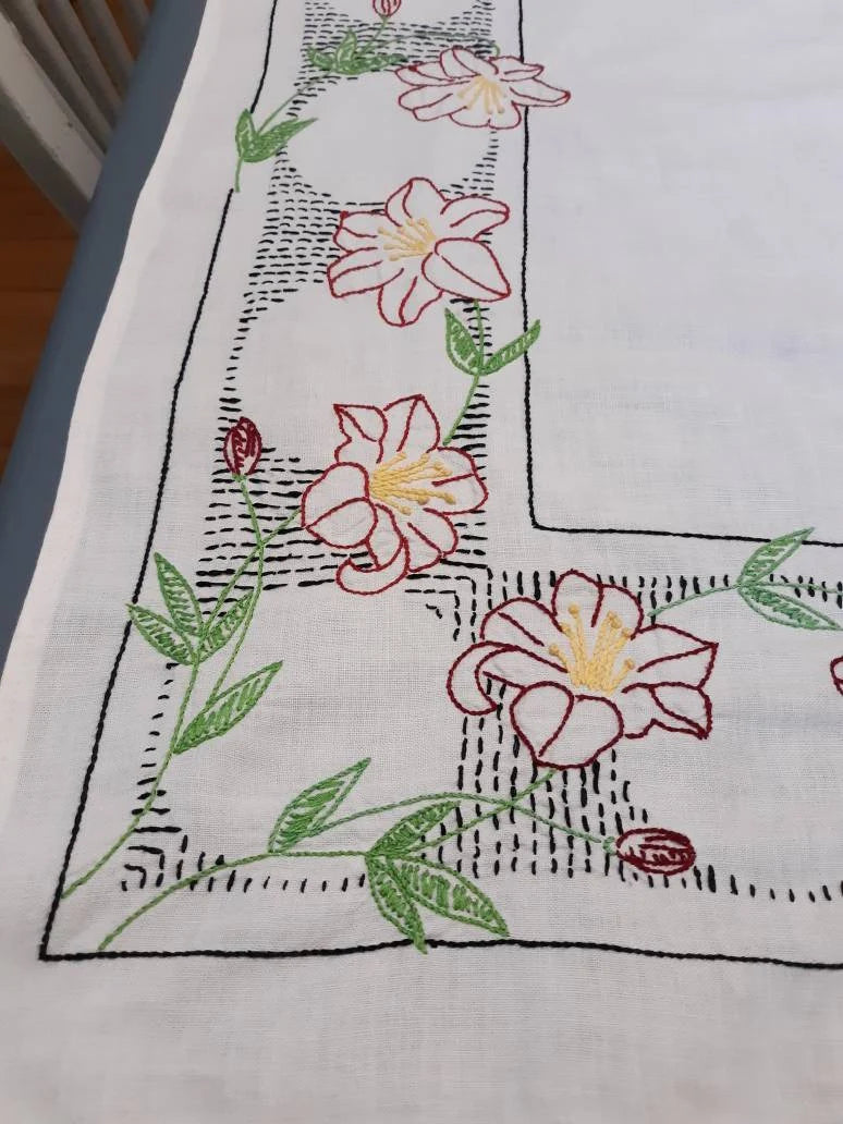 Floral Stitched Vintage Tablecloth