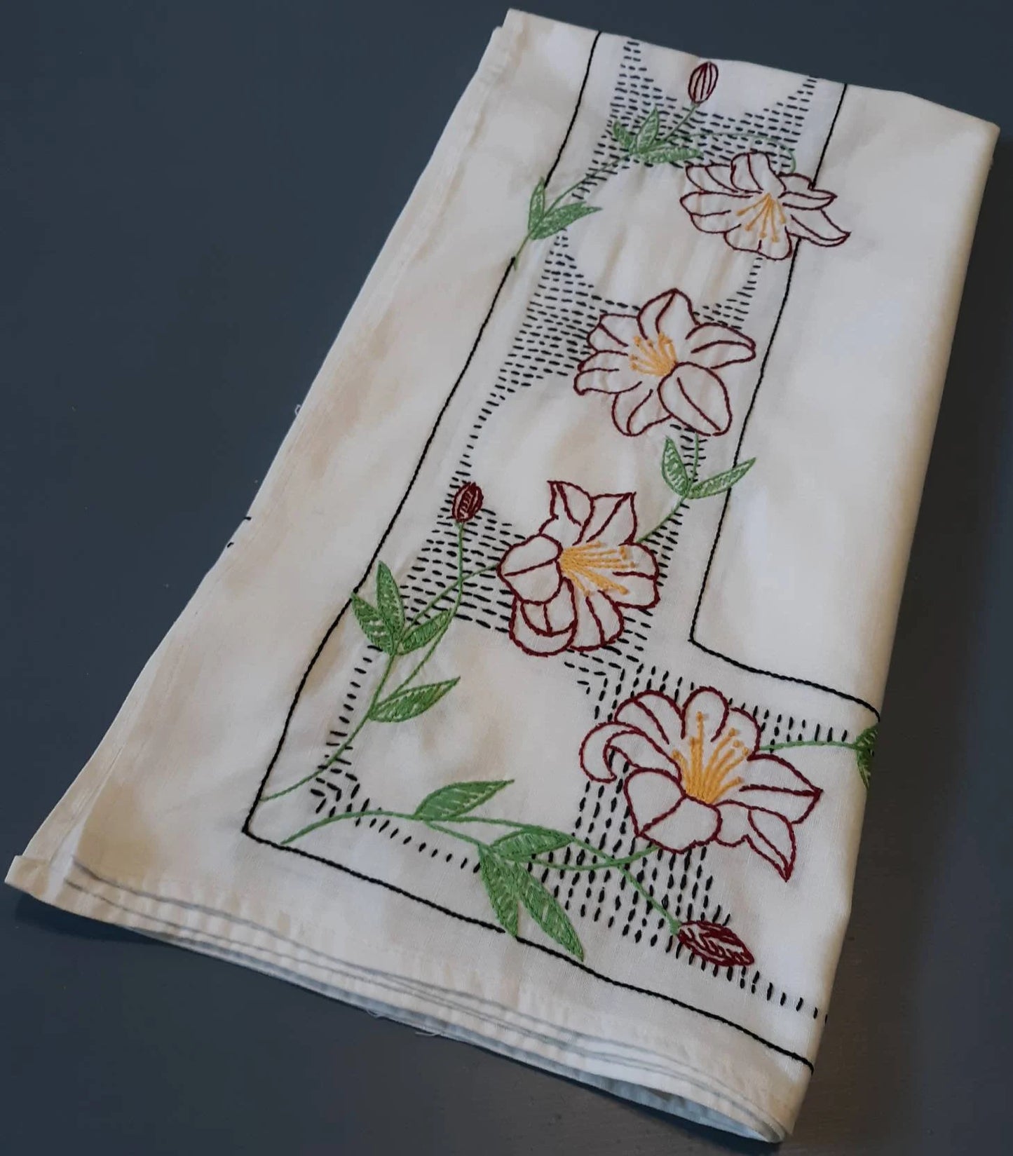 Floral Stitched Vintage Tablecloth