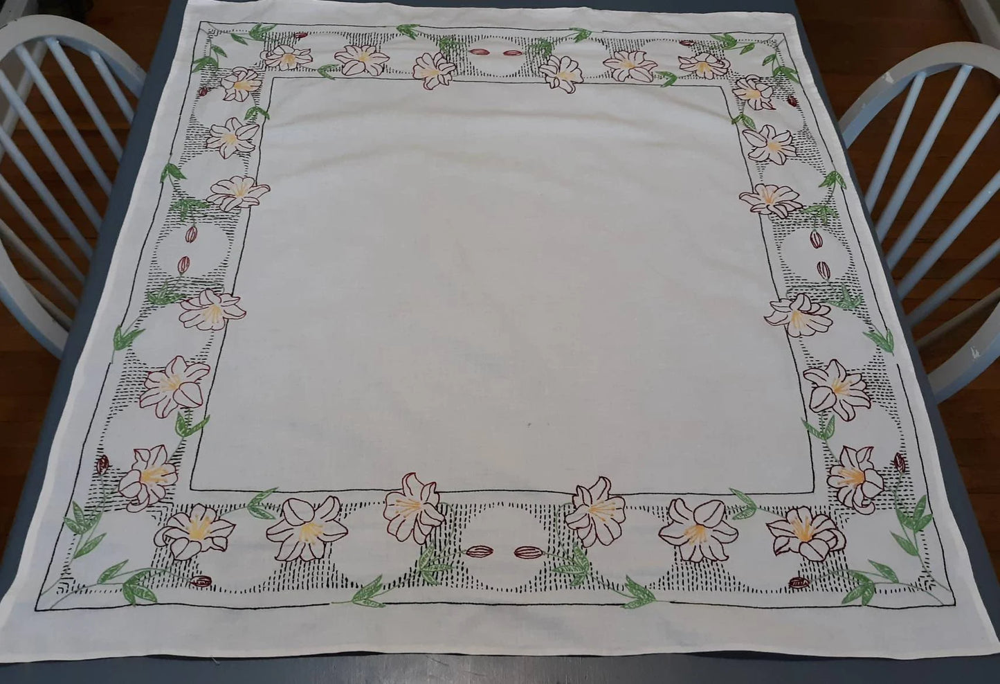 Floral Stitched Vintage Tablecloth