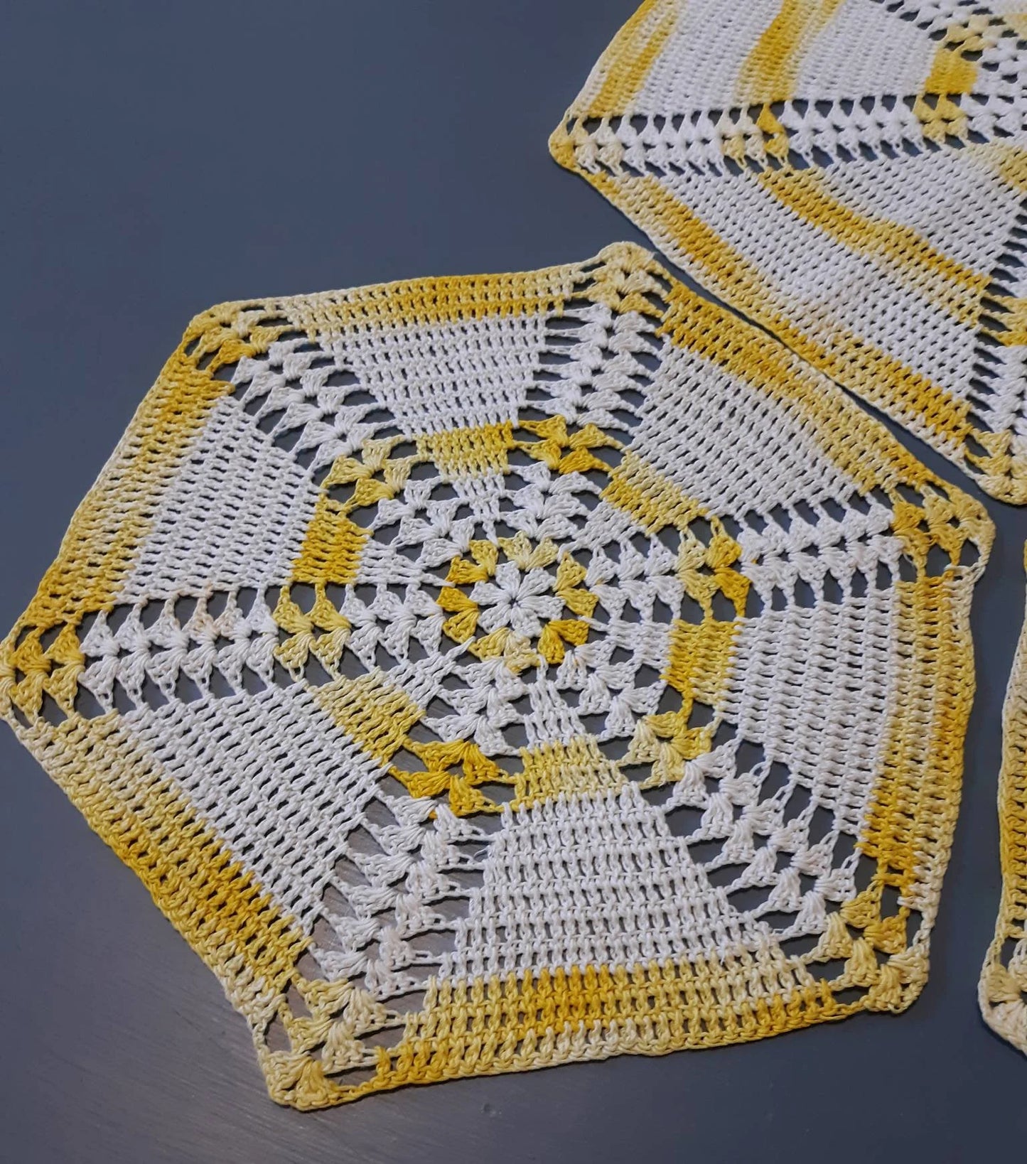 Set of 3 Vintage Round (9", 13") Yellow and White Doilies