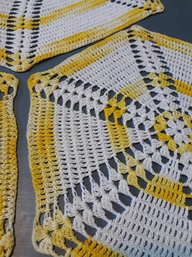 Set of 3 Vintage Round (9", 13") Yellow and White Doilies