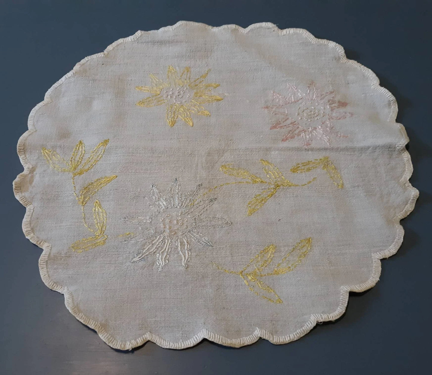 Vintage Round (19") Fabric Doily with Floral Embroidery