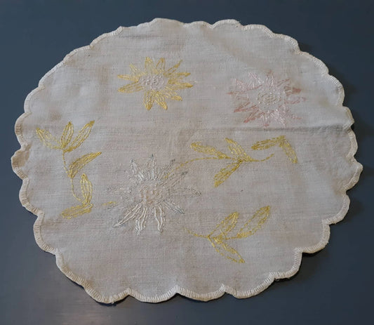 Vintage Round (19") Fabric Doily with Floral Embroidery