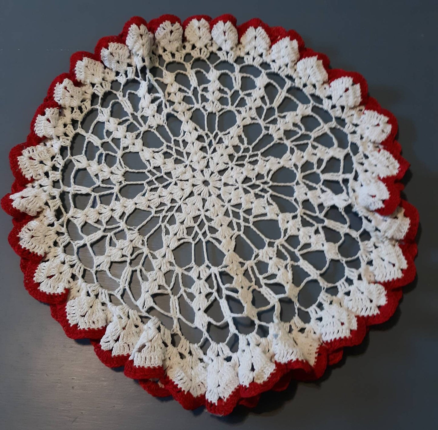 Vintage Round (14") White and Red Ruffled Doily