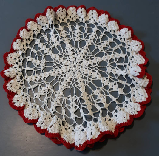 Vintage Round (14") White and Red Ruffled Doily