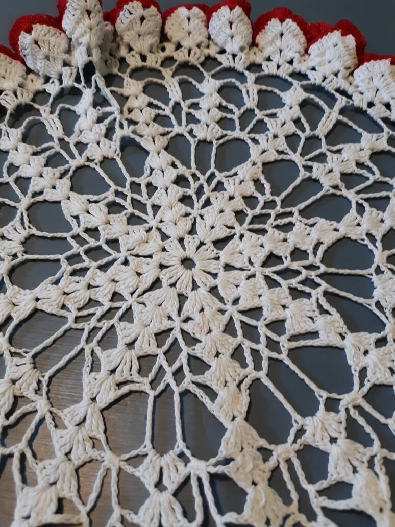Vintage Round (14") White and Red Ruffled Doily