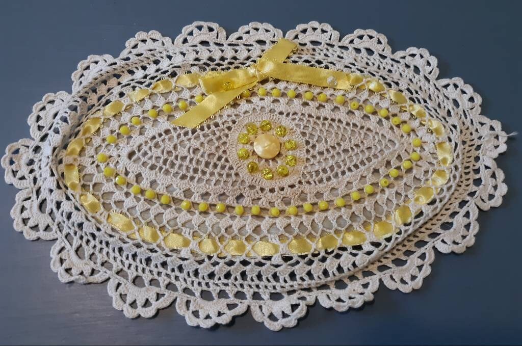 Set of 2 Vintage Oval (11" x 7") Beaded Doilies