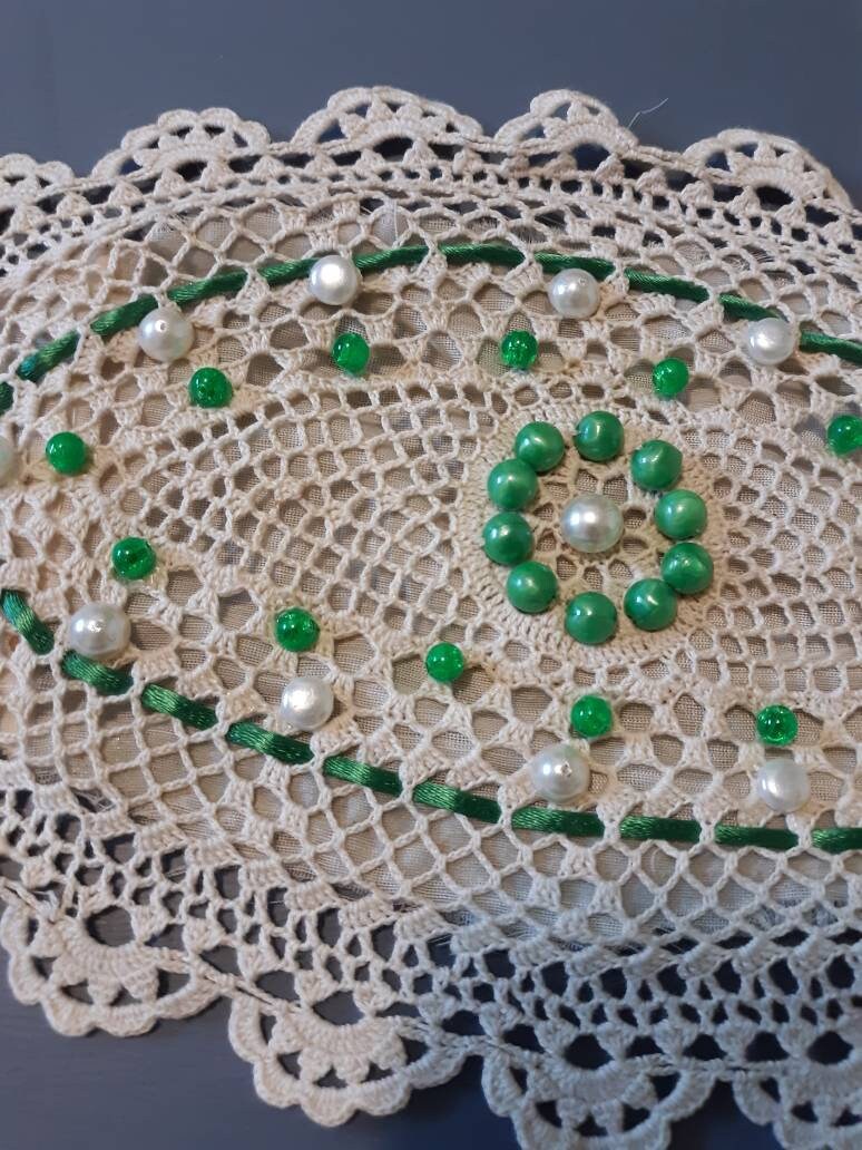 Set of 2 Vintage Oval (11" x 7") Beaded Doilies