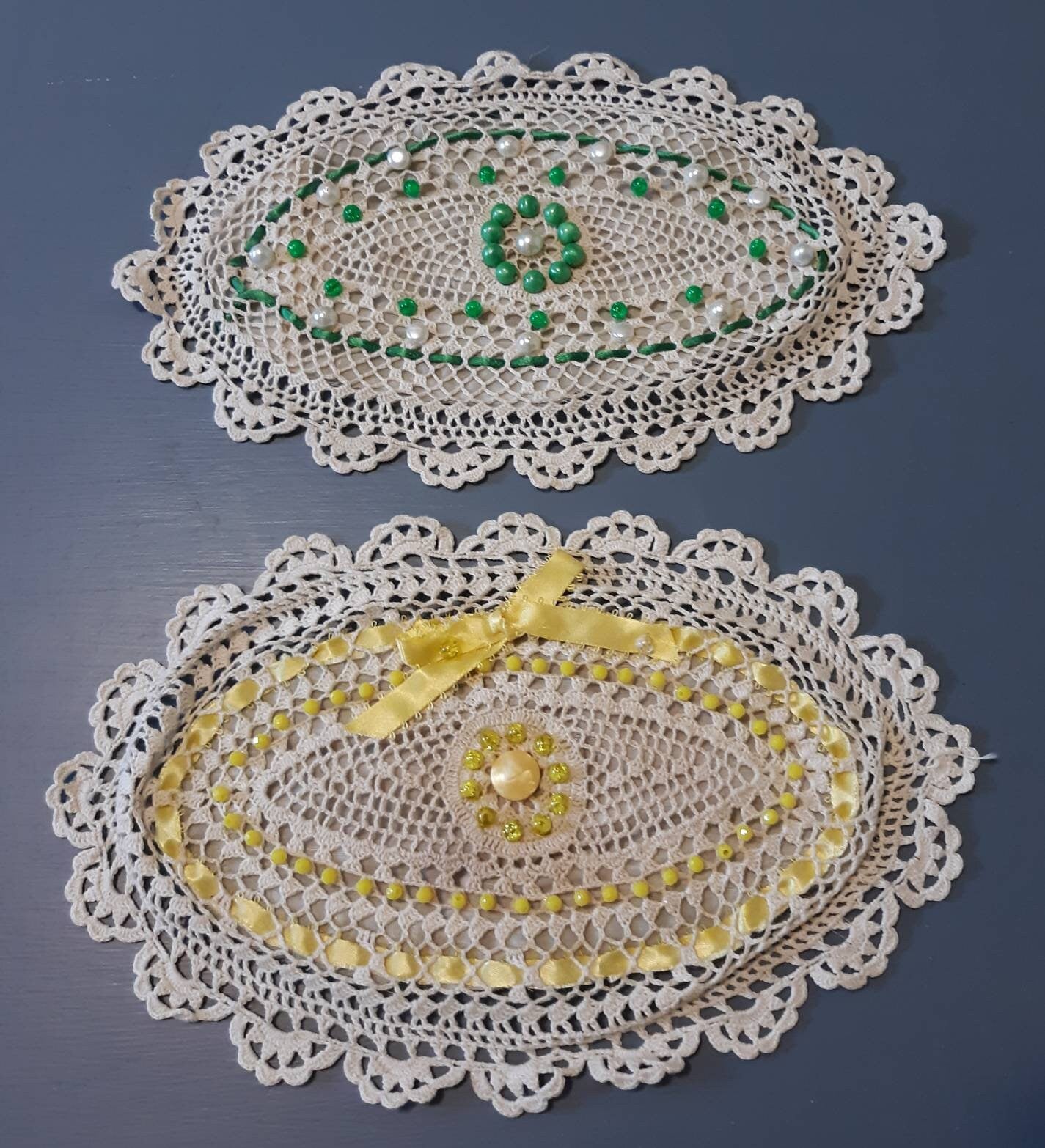 Set of 2 Vintage Oval (11" x 7") Beaded Doilies